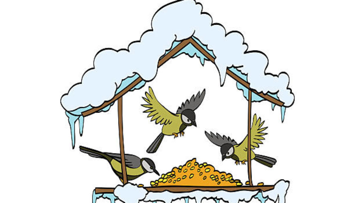 Birdfeeder in winter forest. Vector handdrawn illustration