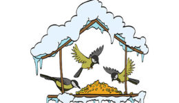 Birdfeeder in winter forest. Vector handdrawn illustration